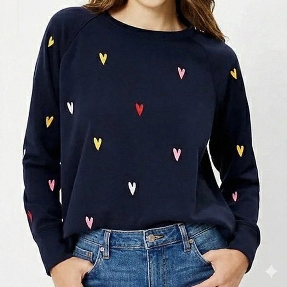 Lou & Grey LOFT Heart-Embroidered Sweatshirt Navy Blue Crewneck Pullover S NWOT